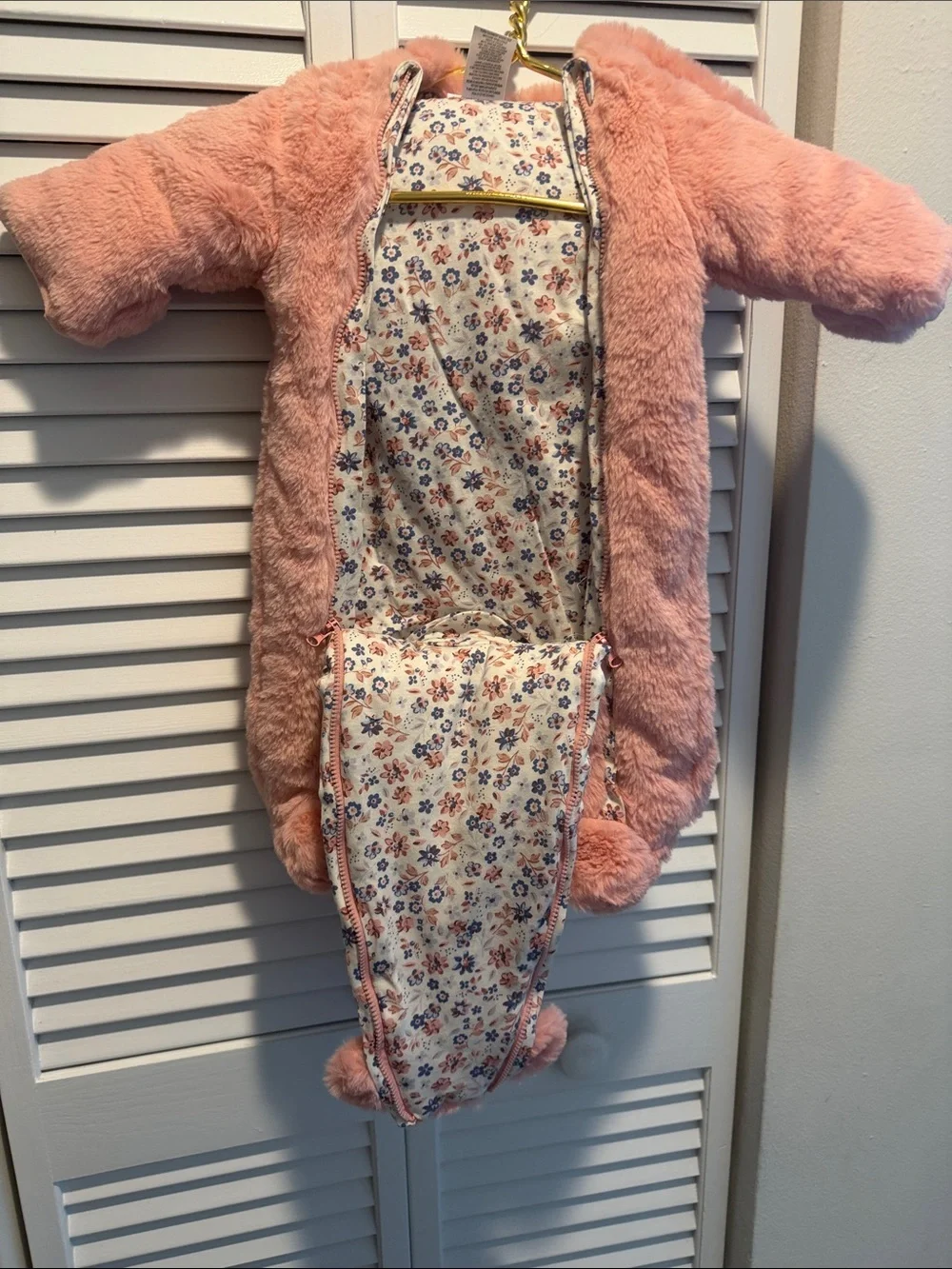 One-Piece Hooded Snowsuit - Pink Plush Bear With Front Zippers